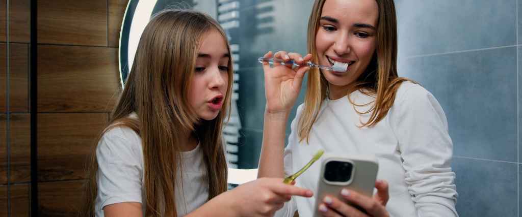 Two young girls smiling, brushing their teeth and looking at a smartphone